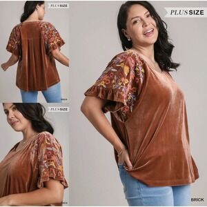 Umgee Brick Velvet Blouse with Floral Sleeves